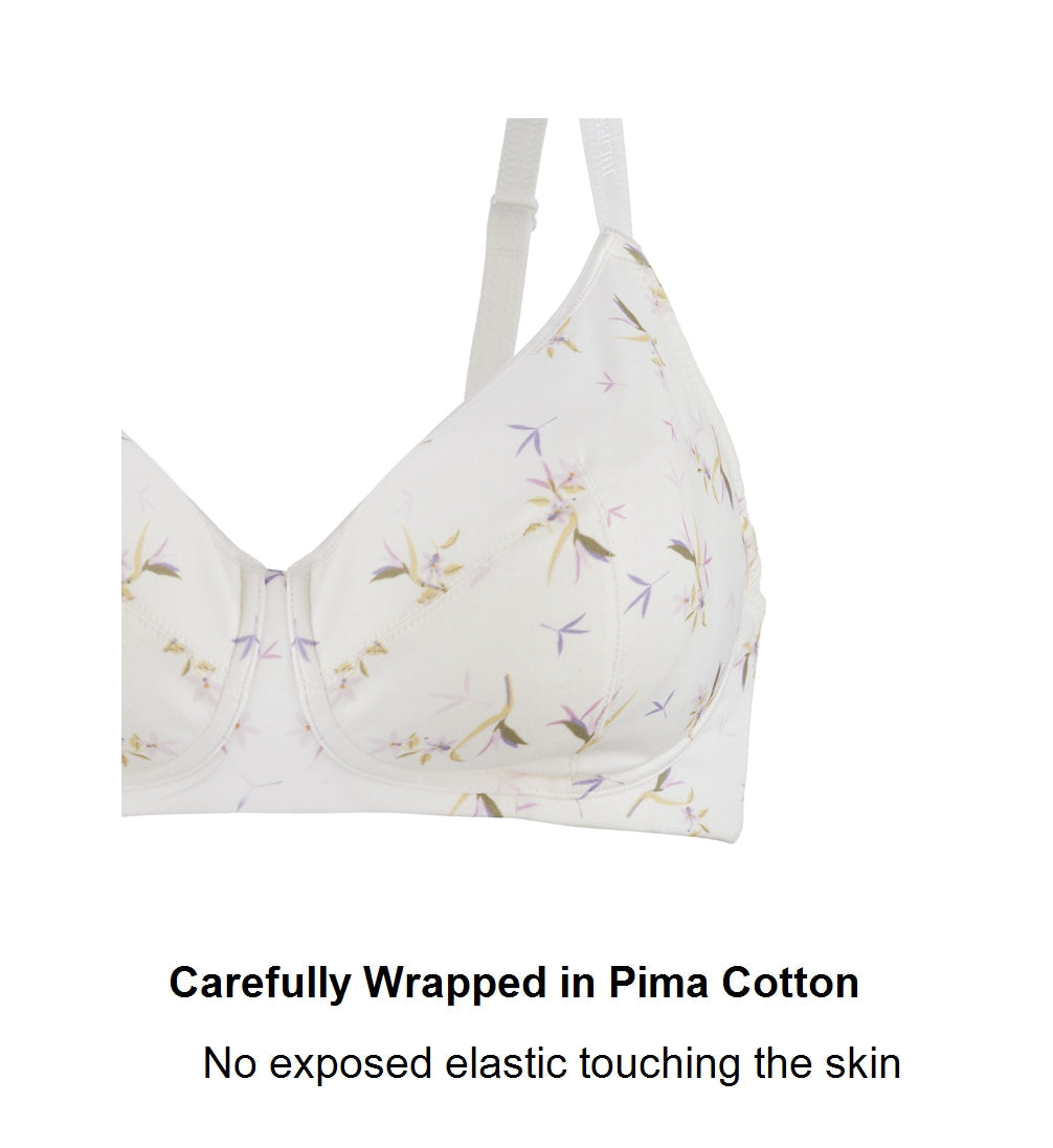 Printed silk and organic cotton fabric detail on a JulieMay bra, illustrating dyes and finishes behind lingerie labels