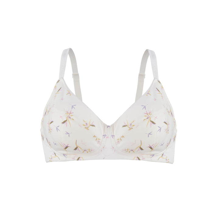 Ditsy Floral Silk and Organic Cotton Smooth T Shirt Wireless Bra, front view – Juliemay Lingerie