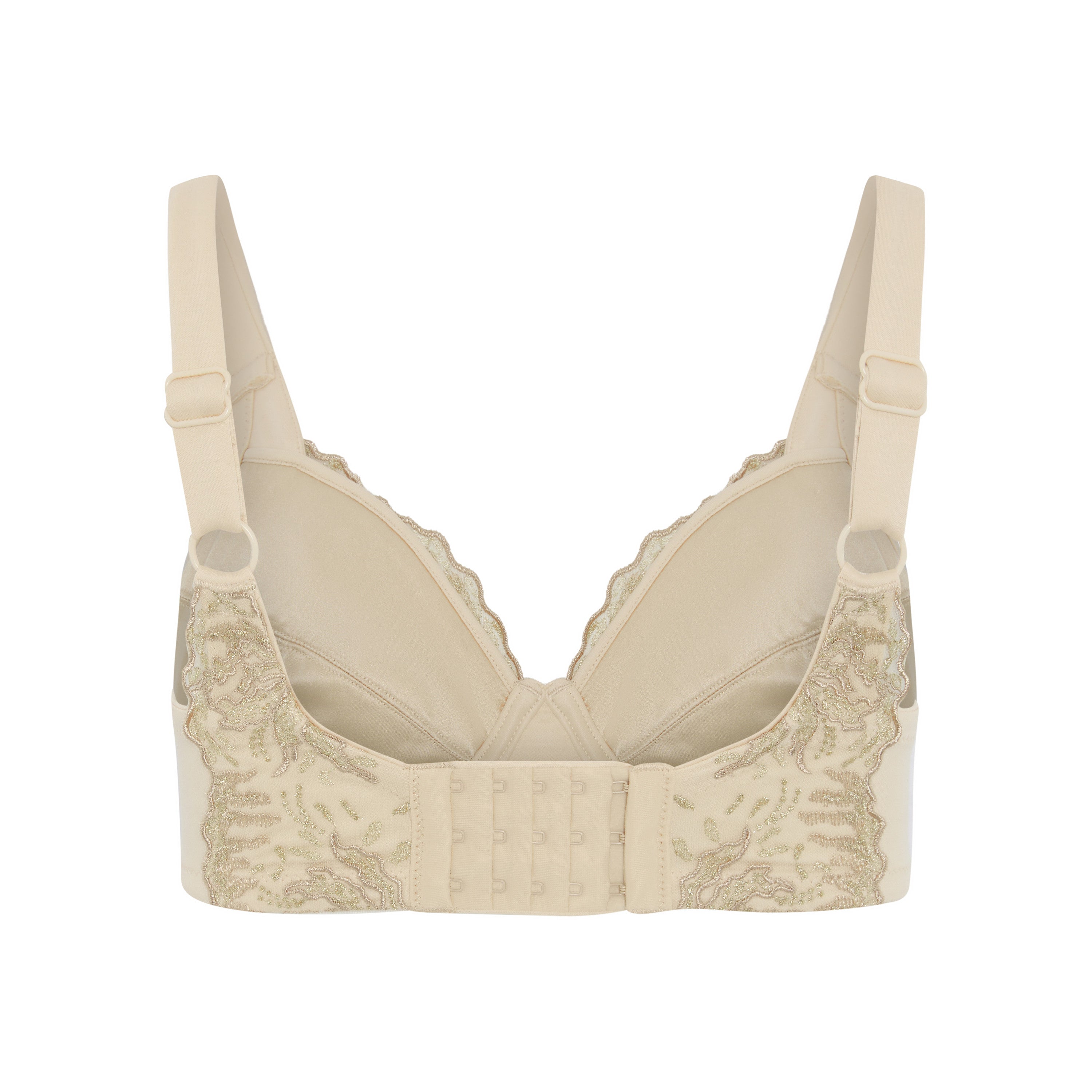 Ashley Luxe embroidered plunge bra in beige, back view with hook and eye closure, JulieMay Lingerie