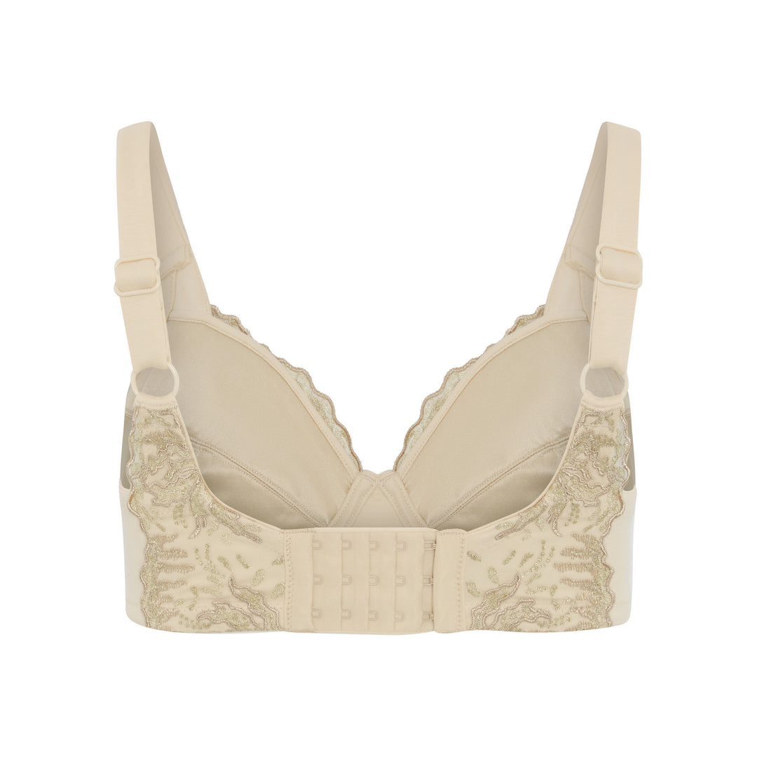 Ashley Luxe embroidered plunge bra in beige, back view with hook and eye closure, JulieMay Lingerie