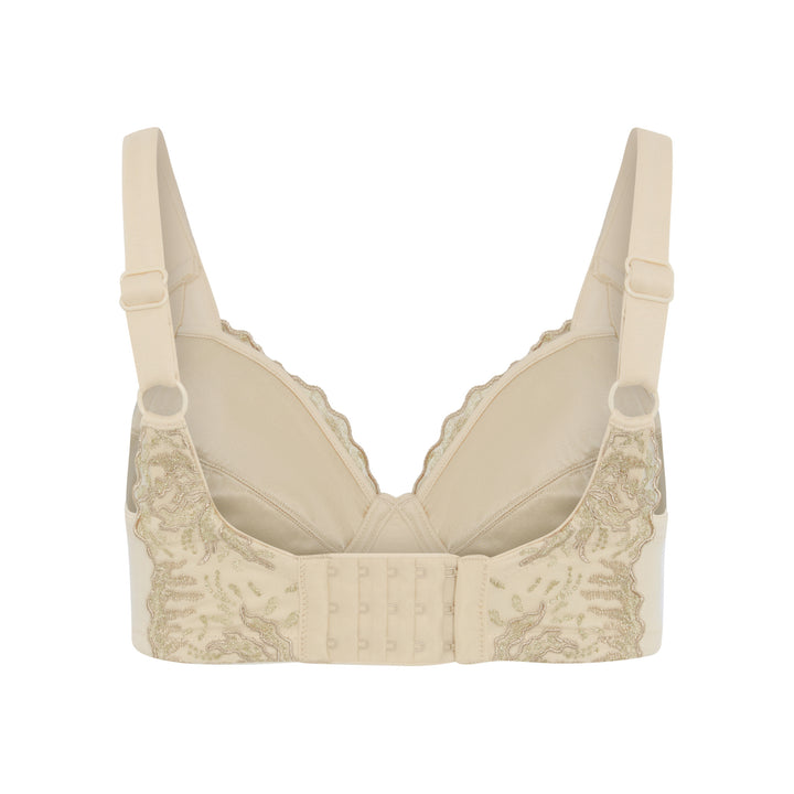 Ashley Luxe embroidered plunge bra in beige, back view with hook and eye closure, JulieMay Lingerie