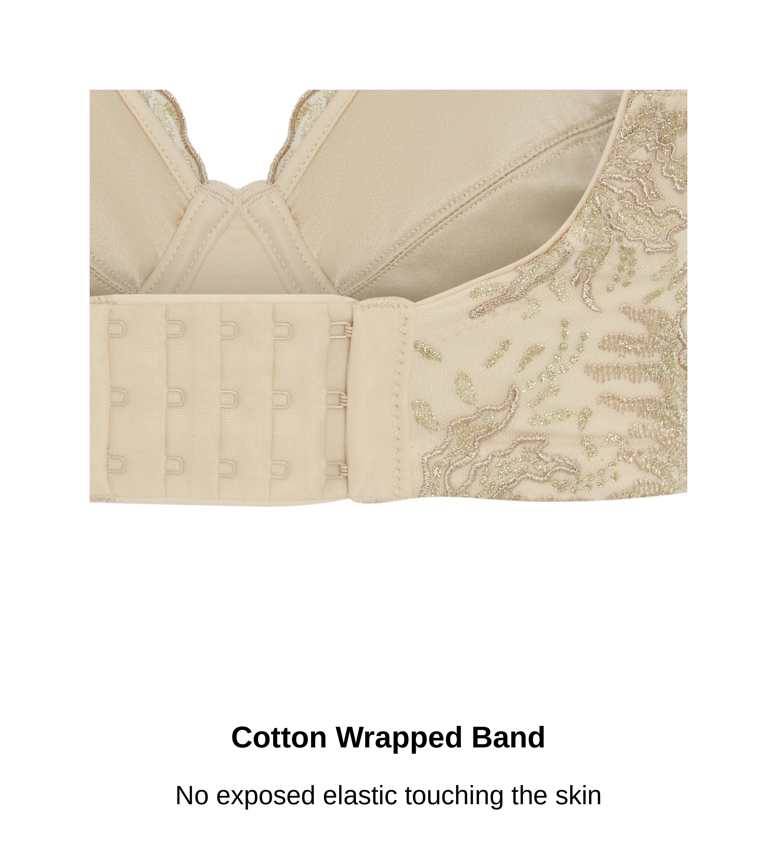 Close-up of the cotton wrapped band and hook and eye closure on the Ashley Luxe bra in beige, JulieMay Lingerie