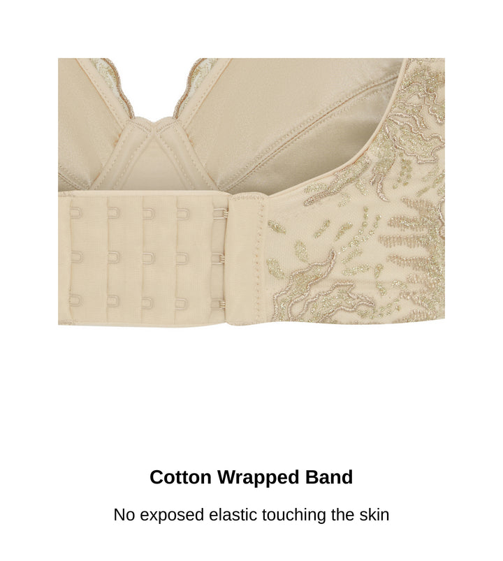 Close-up of the cotton wrapped band and hook and eye closure on the Ashley Luxe bra in beige, JulieMay Lingerie