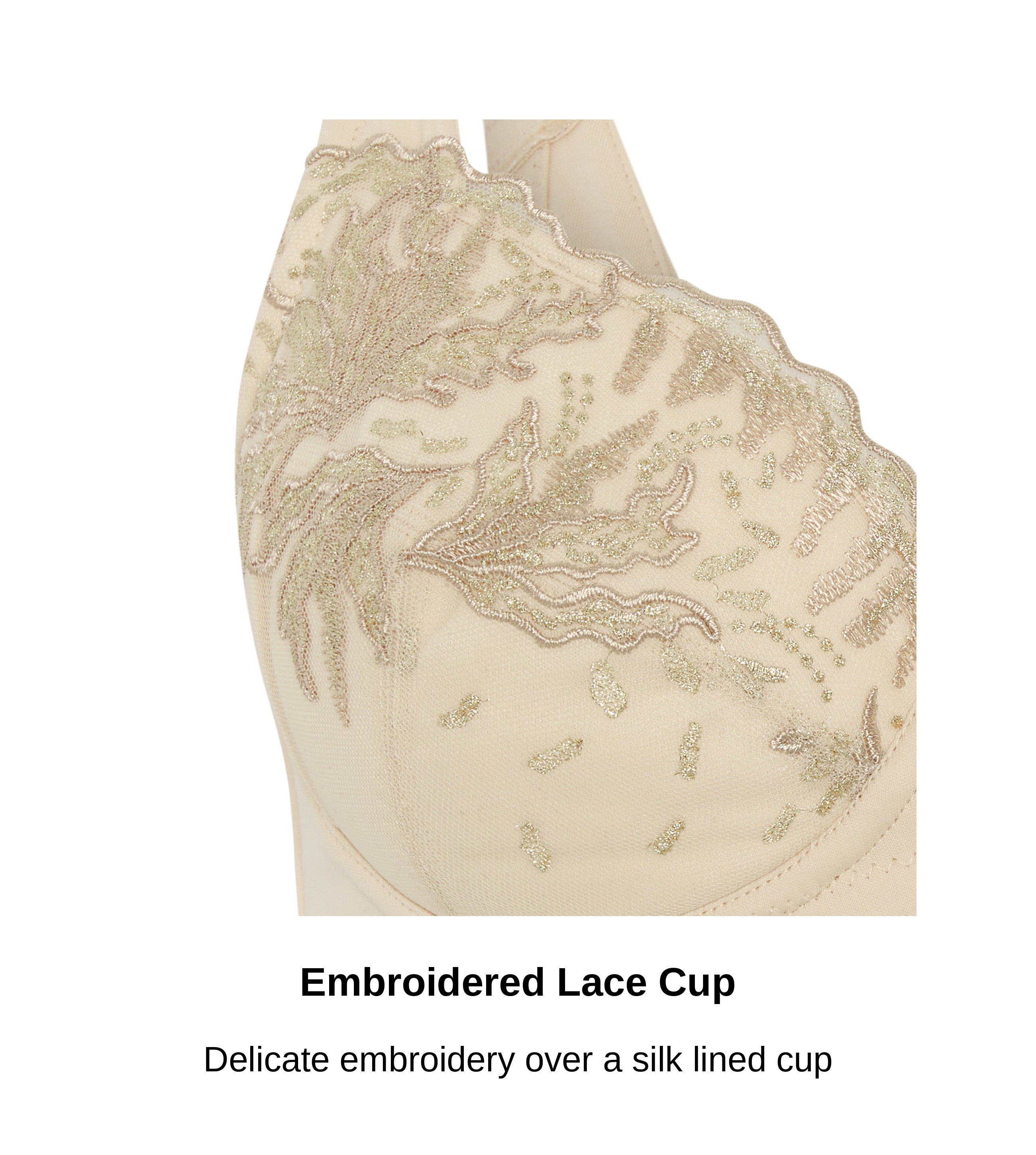 Close-up of the embroidered lace cup on the Ashley Luxe plunge bra in beige, JulieMay Lingerie
