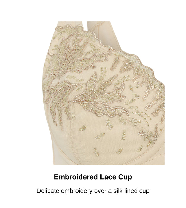 Close-up of the embroidered lace cup on the Ashley Luxe plunge bra in beige, JulieMay Lingerie
