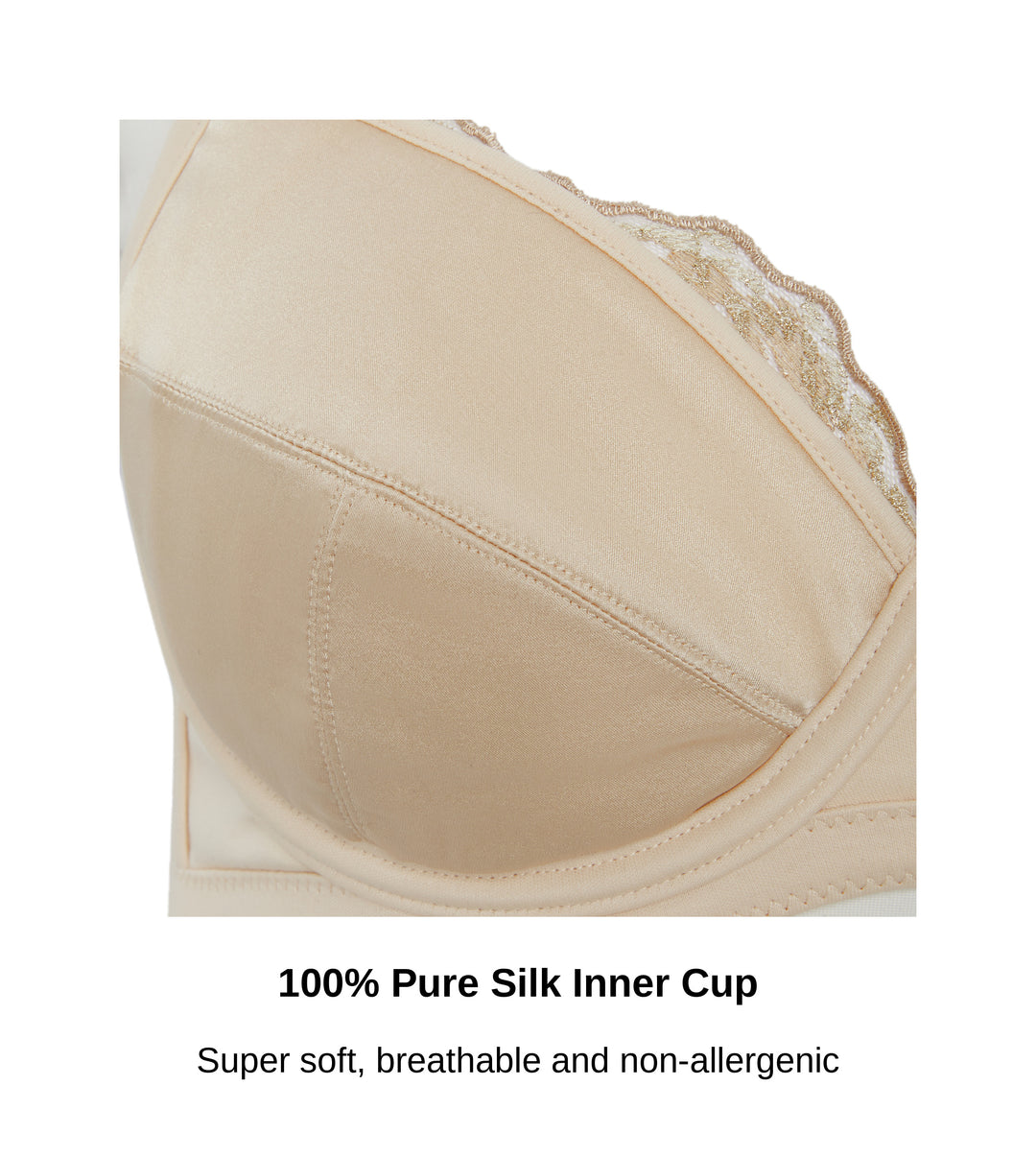 Close-up of the 100% pure silk inner cup on the Ashley Luxe plunge bra in beige, JulieMay Lingerie