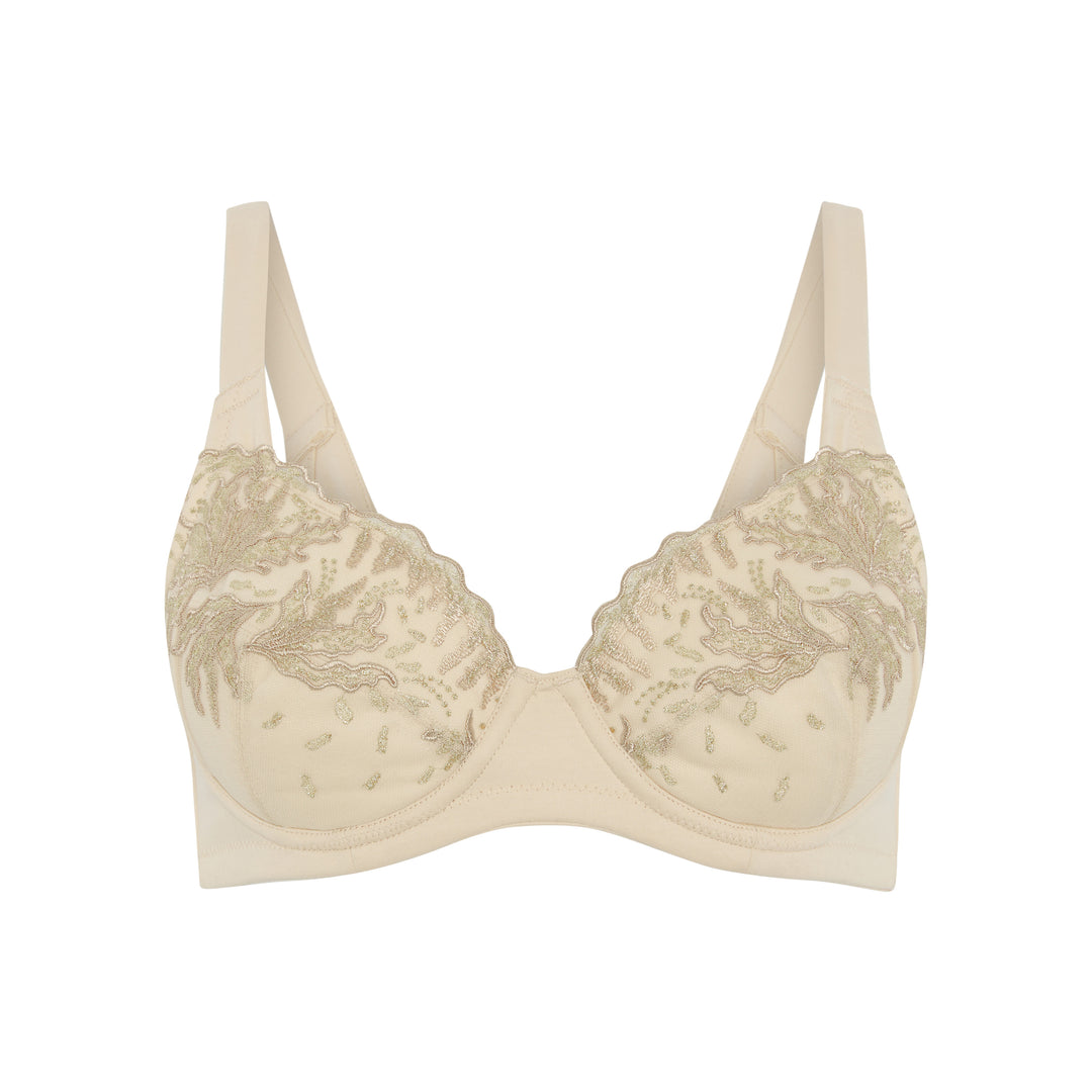 Ashley Luxe embroidered silk and organic cotton plunge bra in beige, front view, JulieMay Lingerie