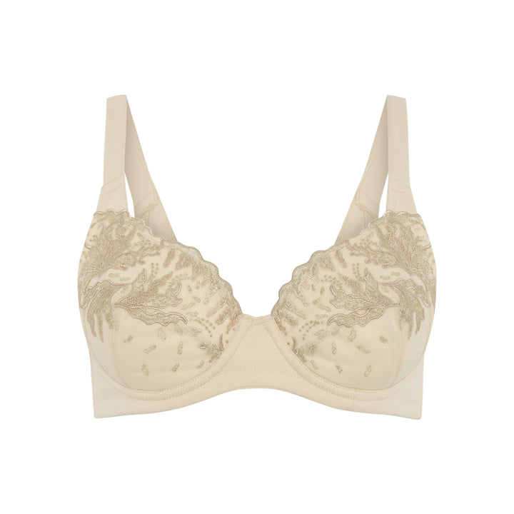 Ashley Luxe embroidered silk and organic cotton plunge bra in beige, front view, JulieMay Lingerie