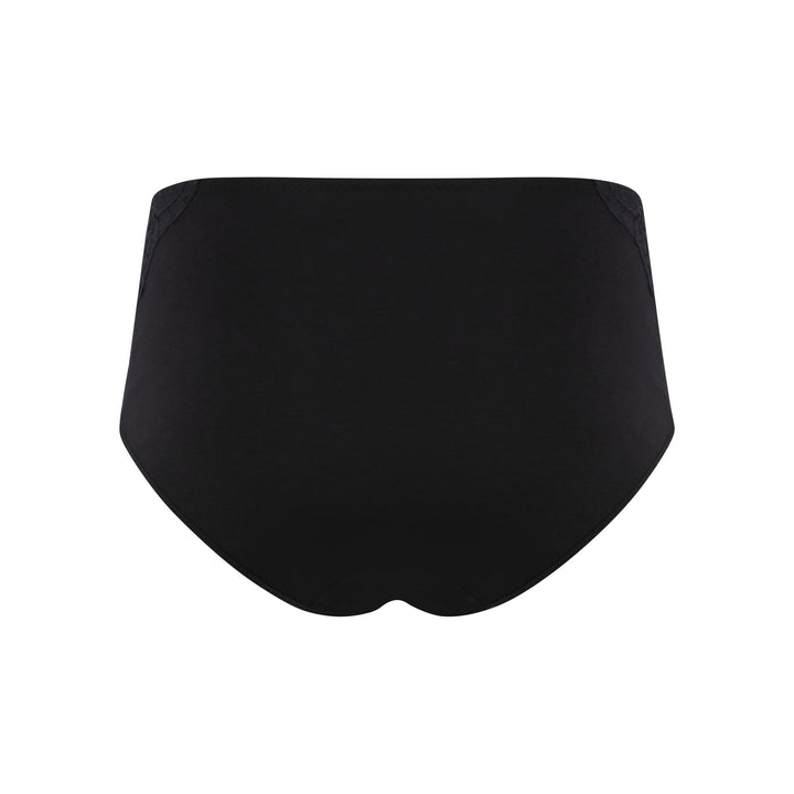 Fuchsia high waisted full brief in black, back view, JulieMay Lingerie