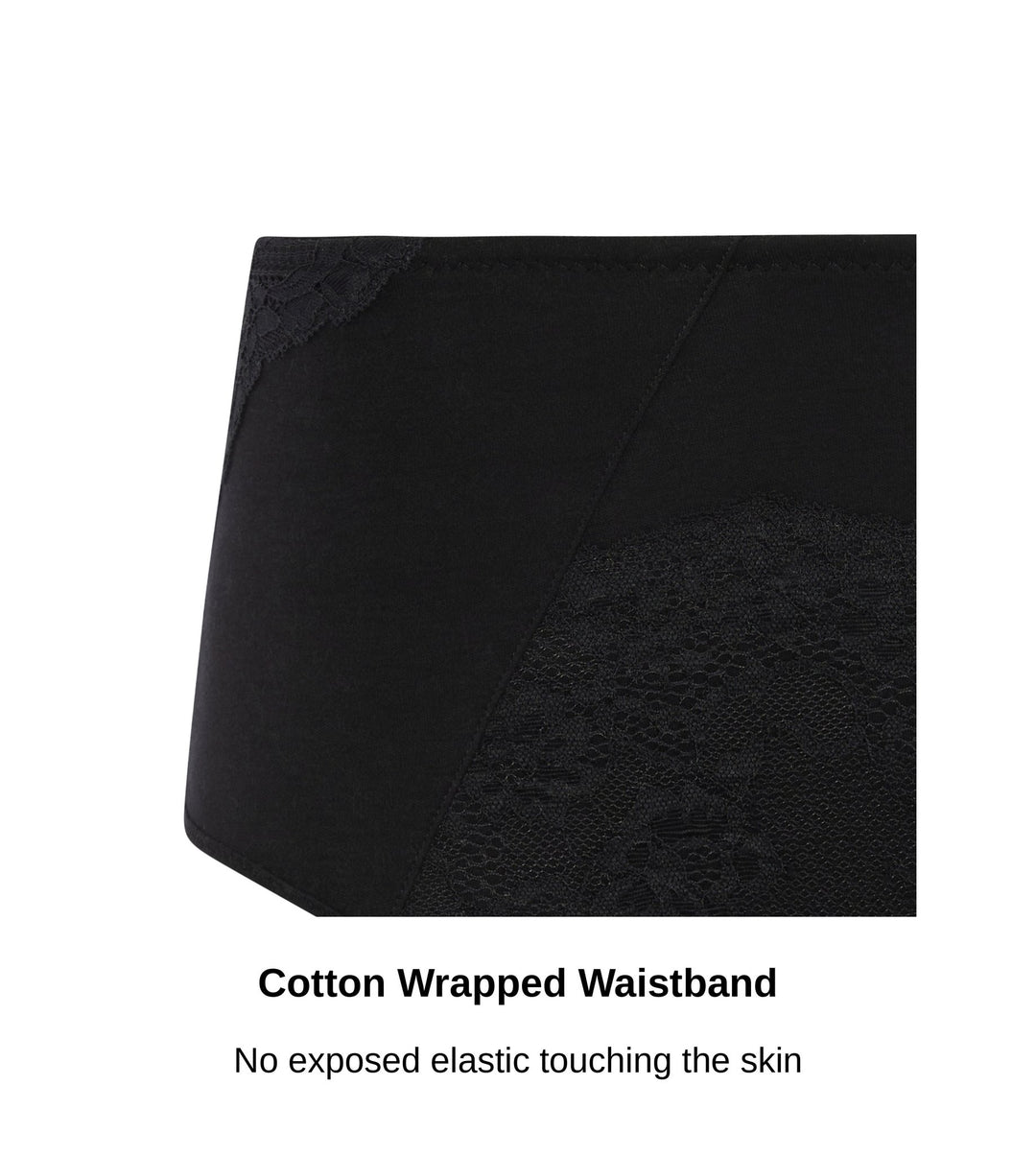 Close up of the cotton wrapped waistband on the Fuchsia high waisted brief in black, JulieMay Lingerie