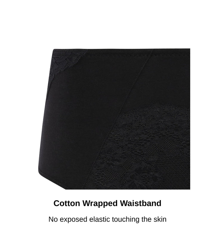 Close up of the cotton wrapped waistband on the Fuchsia high waisted brief in black, JulieMay Lingerie