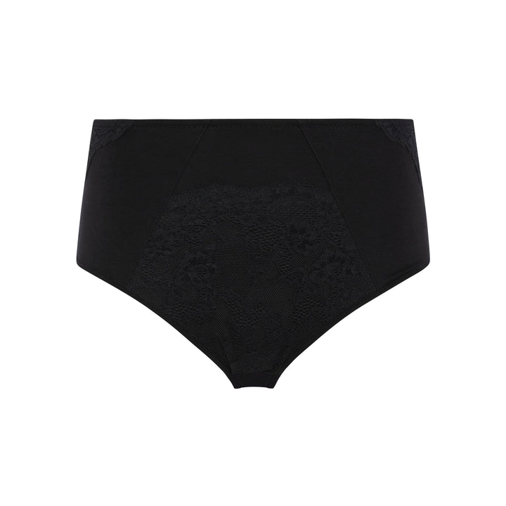 Fuchsia high waisted silk and organic cotton full brief in black, front view, JulieMay Lingerie