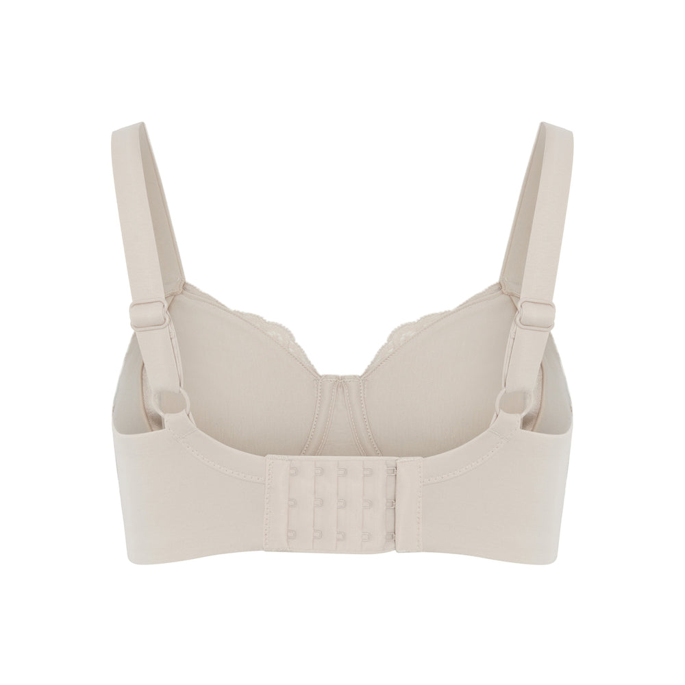 Glacie non-wired pocketed mastectomy bra in beige, back view showing the cotton wrapped band and hook and eye closure, JulieMay Lingerie