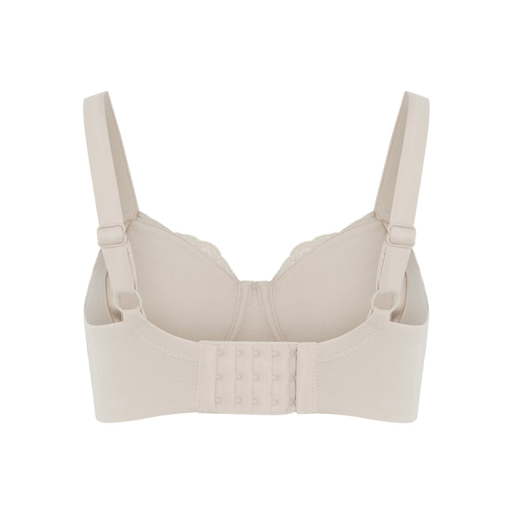 Glacie non-wired pocketed mastectomy bra in beige, back view showing the cotton wrapped band and hook and eye closure, JulieMay Lingerie