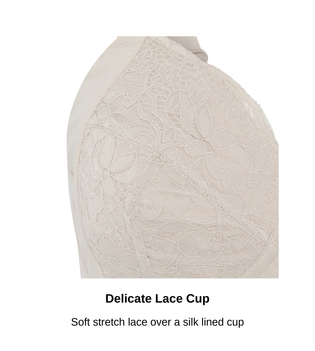 Close-up of the delicate lace cup on the Glacie non-wired pocketed mastectomy bra, JulieMay Lingerie