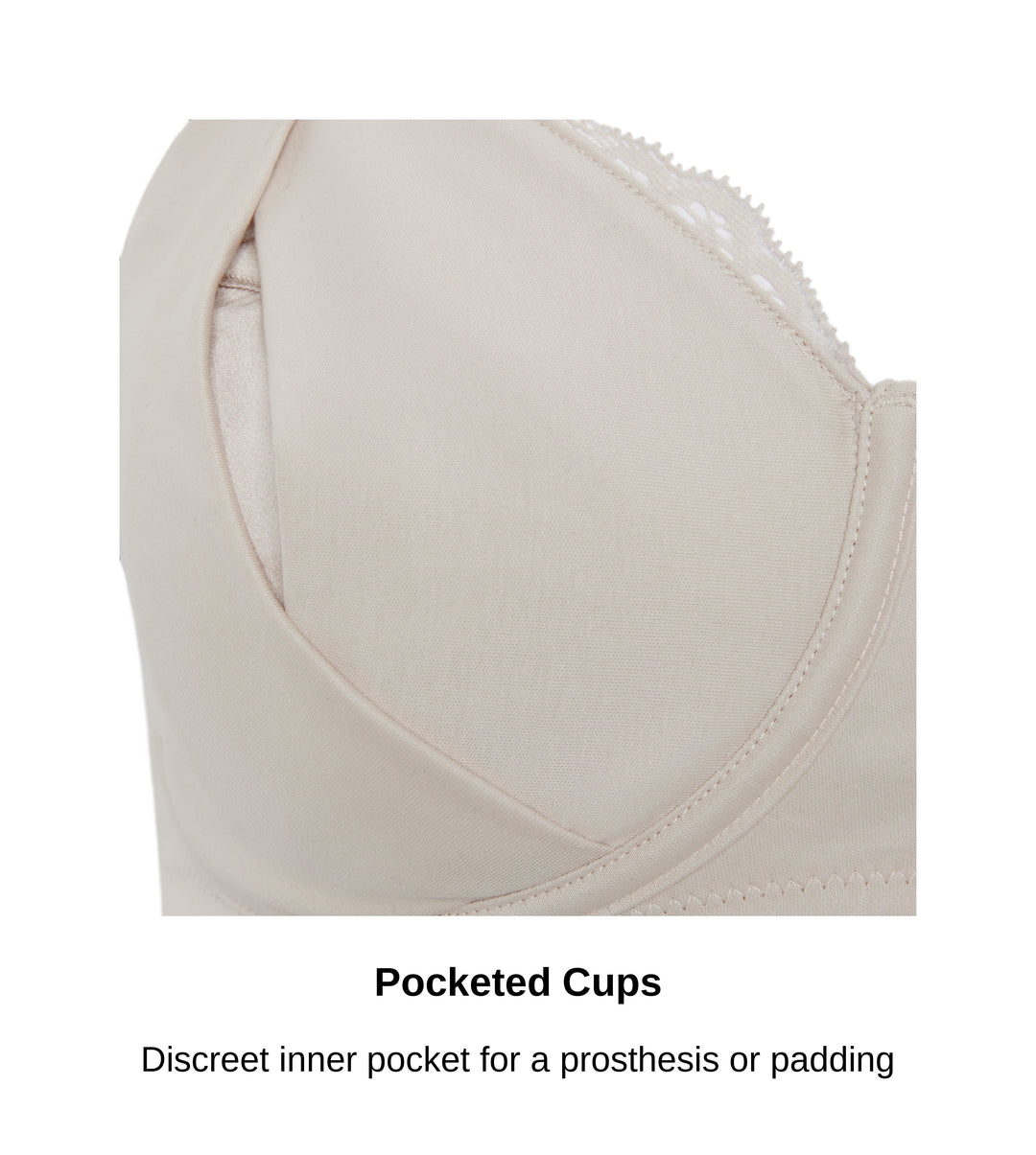 Close-up of the discreet prosthesis pocket opening inside the cup of the Glacie non-wired mastectomy bra, JulieMay Lingerie