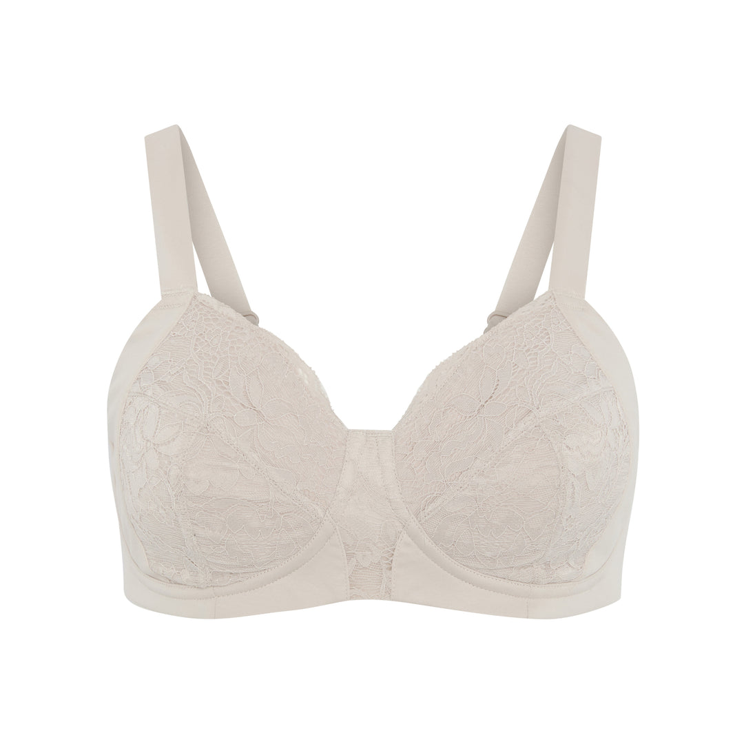 Glacie silk and organic cotton non-wired pocketed mastectomy bra in beige, front view, JulieMay Lingerie