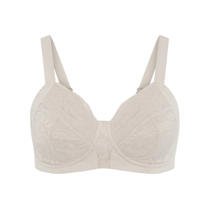 Glacie silk and organic cotton non-wired pocketed mastectomy bra in beige, front view, JulieMay Lingerie