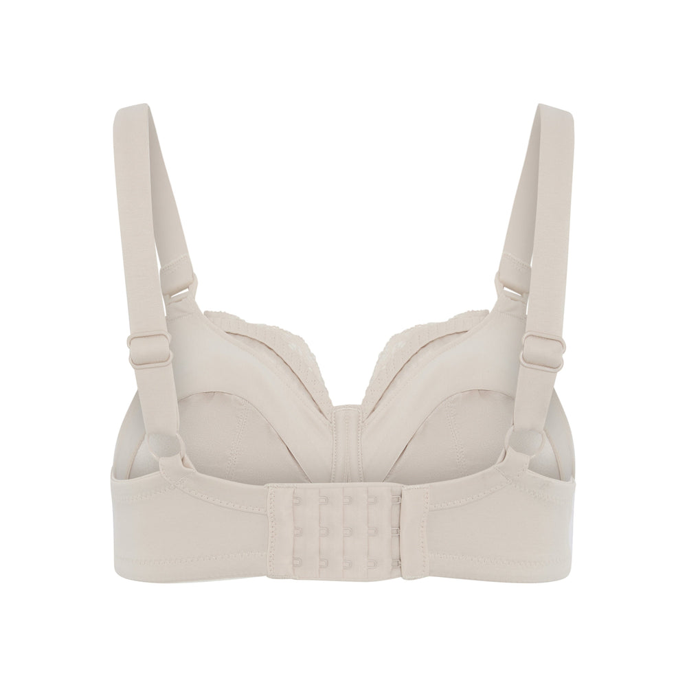 Glacie non-wired nursing bra in beige, back view showing the cotton wrapped band, strap rings and hook and eye closure, JulieMay Lingerie