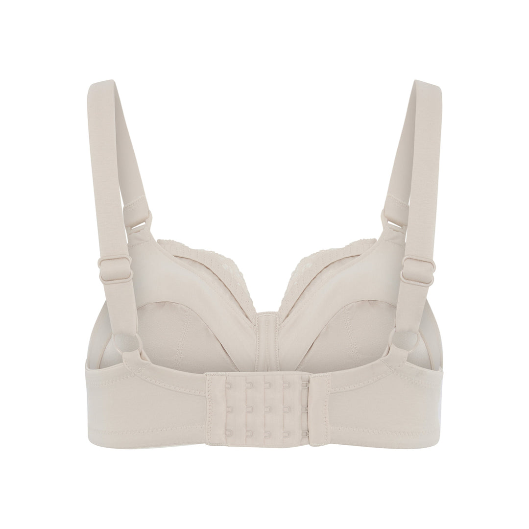 Glacie non-wired nursing bra in beige, back view showing the cotton wrapped band, strap rings and hook and eye closure, JulieMay Lingerie