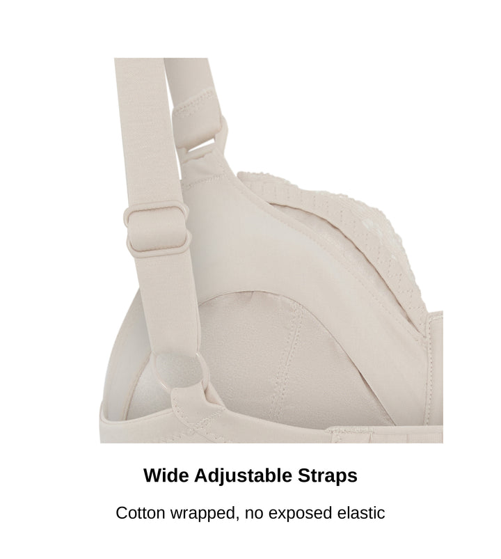 Close-up of the wide adjustable cotton wrapped straps and nursing clip ring on the Glacie non-wired nursing bra, JulieMay Lingerie