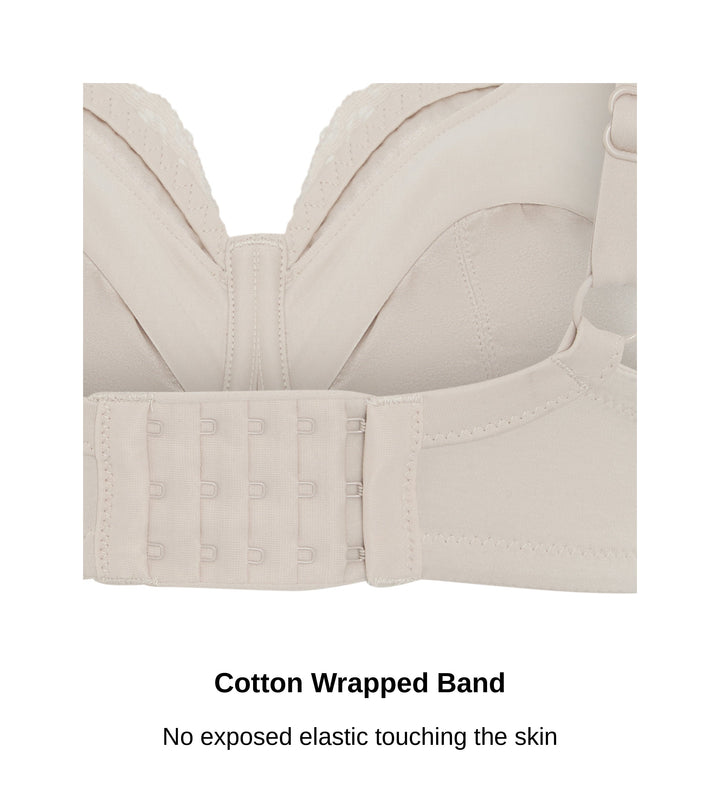 Close-up of the cotton wrapped band and hook and eye closure on the Glacie non-wired nursing bra, no exposed elastic, JulieMay Lingerie