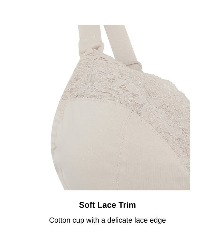 Close-up of the soft lace trim on the organic cotton cup of the Glacie nursing bra, JulieMay Lingerie