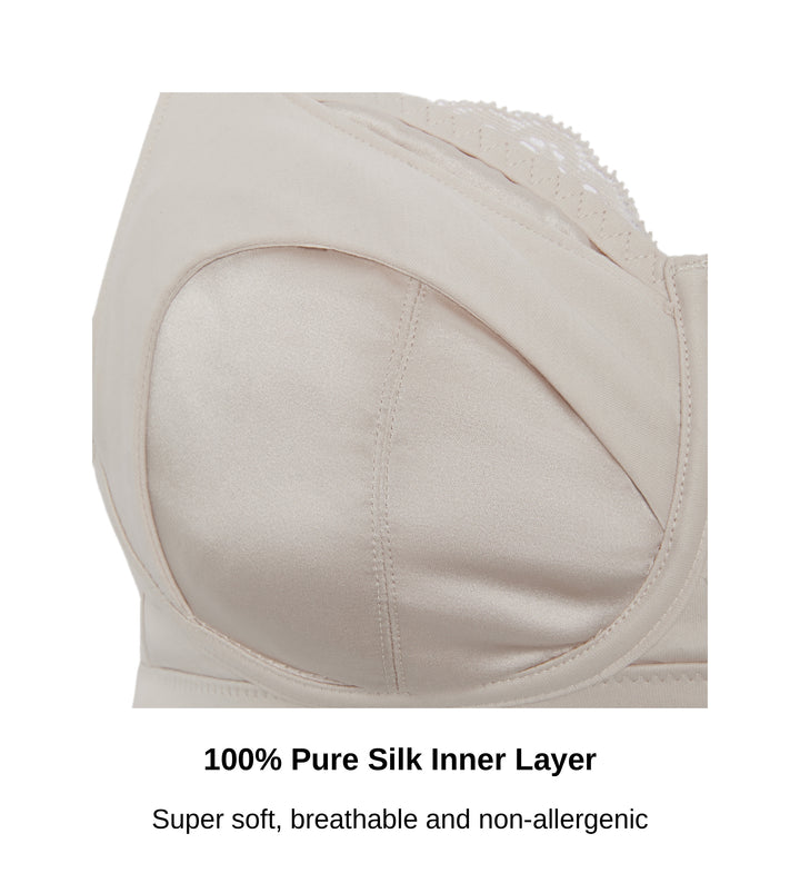 Close-up of the 100% pure silk inner layer of the drop-down cup on the Glacie non-wired nursing bra, JulieMay Lingerie