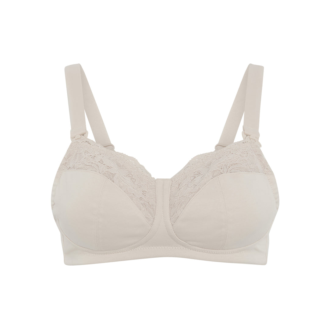 Glacie silk and organic cotton non-wired nursing bra in beige, front view, JulieMay Lingerie