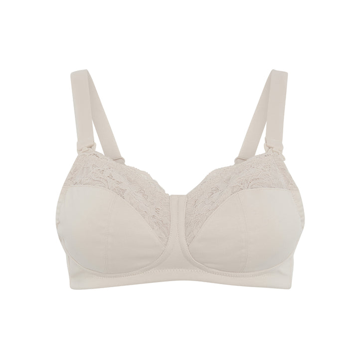 Glacie silk and organic cotton non-wired nursing bra in beige, front view, JulieMay Lingerie