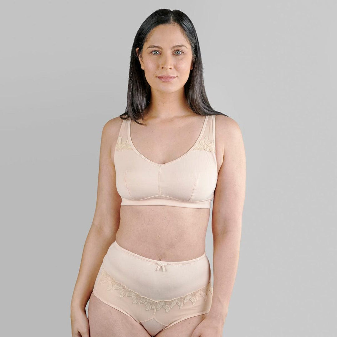 Ornate Comfort Silk and Organic Cotton Non Wired Bra in Peach Pink, view 2 – Juliemay Lingerie