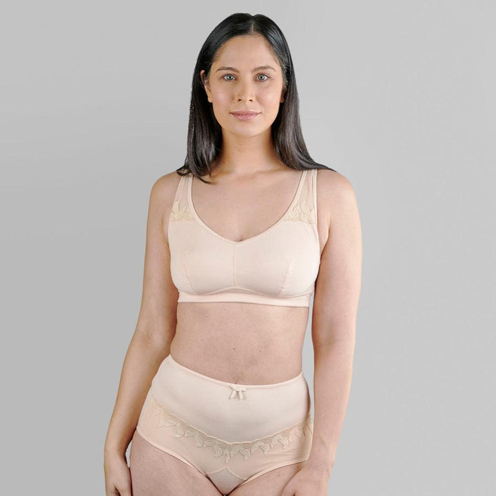 Ornate Comfort Silk and Organic Cotton Non Wired Bra in Peach Pink, view 2 – Juliemay Lingerie